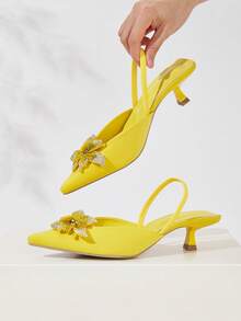 2025新款女士水钻尖头高跟鞋（鞋面随机裁剪） - 黃色 - 查看 2