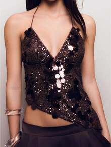 Women's Sequin Sparkly Sleeveless Halter Top Wrap V Neck  Asymmetrical Party Tank Tops - Dark Brown - View 1