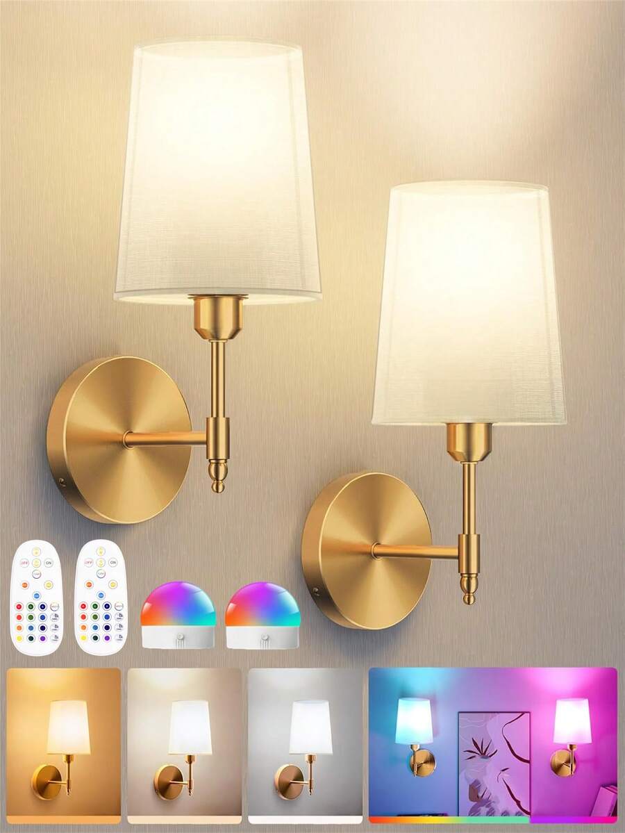 Rechargeable Battery Powered Wall Lamp, Gold Wireless Wall Light With 2000 MAh Battery, Dimmable & Detachable Bulb With Remote Control, 15 Colors, Suitable For Bedroom, Living Room, Corridor Decor