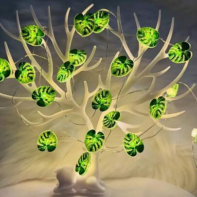 1pc Copper Wire Turtle Leaf String Lights, Artificial Green Leaves, Suitable For Indoor Wall Decor Lights, Holiday Decor, Seasonal Decor. Dining Table Party Decor Lights, Faux Boneless Turtle Leaf Decor String Lights.
