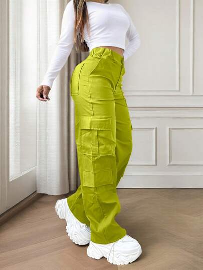 Lemon Green Multi-Pocket Buttoned Casual Y2K Leisure Elegant And Cute Work Pants. Suitable For Back-To-School, Clubs, Birthday Parties, Halloween, New Year, Thanksgiving, Concerts, Gyms, Beaches, Vacations, Business, Daily Airport Wear, Street Style, Teacher's Day, Spring, Summer, Autumn And Winter.