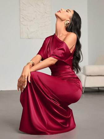 优雅露肩醋酸纤维缎面A字长款连衣裙，适合派对、庆典及其他场合/秋季女装/派对鸡尾酒会礼服/优雅性感夜店礼服/度假礼服/婚礼宾客礼服/优雅婚礼宾客礼服/女士教堂礼服/女士约会之夜礼服/约会礼服/正式婚礼宾客礼服