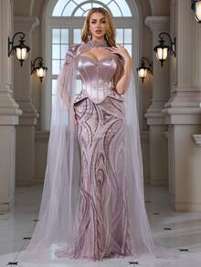 Elisanya 缎面珠饰亮片刺绣蕾丝优雅性感露肩鱼尾鸡尾酒礼服，适合鸡尾酒会、聚会、晚宴等场合。 - 藕粉色 - 查看 6