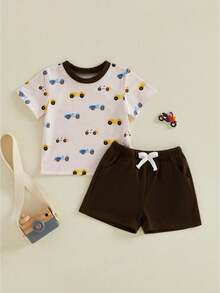Boys Summer Shorts Sets Short Sleeve O Neck Race Car Print Tops And Solid Color Shorts - Apricot - View 1
