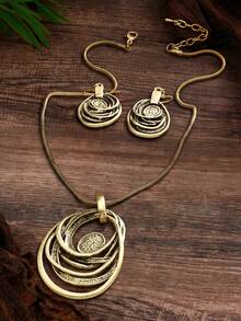 Cring Coco 2pcs Women Jewelry Set, Vintage Zinc Alloy Minimalist Geometric Necklace And Earrings Set, Suitable For Daily, Party, Festival, Valentine's Day, Birthday, Mother's Day, Jewelry Accessories Gift - Geometry - View 5