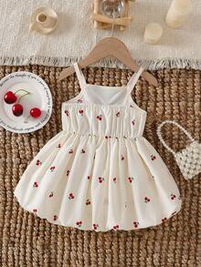 New Style Baby Girls' Casual Everyday Cherry Print Bubble Dress, Suitable For Travel, Outing, Party - Apricot - View 2