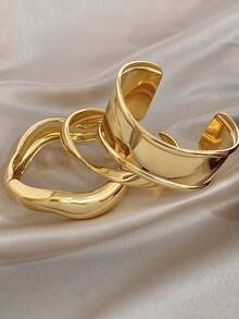 Pulsera brazalete geométrica gruesa para mujer, diseño abierto y ancho, pulsera apilable de color dorado, conjunto de joyas regalo de Navidad/cumpleaños - Multicolor - Ver 4