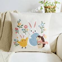 1pc Easter Bunny & Eggs Embroidered Decorative Pillow Cover, Spring Floral Cushion Cover, Suitable For Indoor Decor, Spring/Summer Decorative Pillow Case, Pillow Insert Not Included - Multicolor - View 10