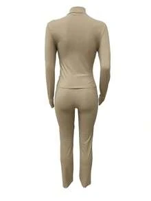 Autumn/Winter European And American Style Women's Fashion Zip-Up Cardigan, Fitted Top And Loose Wide-Leg Pants Set - 卡其色 - 查看 3