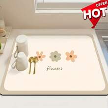 This Single-Piece Floral Pattern Kitchen Countertop Mat Is Made With A Quick-Drying Diatomite Protective Layer, Featuring Waterproof, Easy-To-Clean, And Heat-Insulating Properties. It Can Be Used As A Kitchen Countertop Draining Mat, Dining Table And Bar Counter Absorbent Pad, Non-Slip Tablecloth, Drying Mat, And Pet-Friendly Pad. Additionally, It Can Also Serve As A Dining Table Decoration, Tableware Mat, And Kitchen Home Decor. - Multicolor - View 2