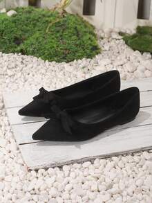 Women's Fashion Pointed Toe Black Bow Slip-On Casual Flat Shoes, Spring/Summer - Black - View 4