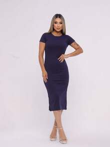 Vestido Feminino Canelado Midi Fenda lateral Casual e Elegante Manga Curta - Azul Marinho - Visão 3