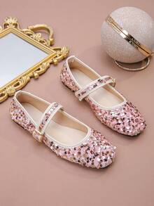 Plus Size EU35-43 Fashionable Sequin Square Toe Flat Shoes, Slip-On Casual Wear, Suitable With Dresses, Multi-Color Patterns Random - Pink Gold Glitter - View 7