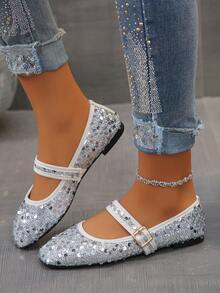 Plus Size EU35-43 Fashionable Sequin Square Toe Flat Shoes, Slip-On Casual Wear, Suitable With Dresses, Multi-Color Pattern Designs, Spring/Autumn - Silver Base-silver Sequins - View 5