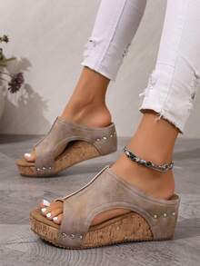 1pair Women's Vintage Distressed Wood Grain Platform Wedge Sandals, Open Toe Rivet Leather Summer Slides - Beige - View 2