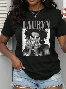Women's White Oversized Crew Neck T-Shirt Lauryn Hill Theme Print Black & White Portrait Name Mark Minimalist Hip-Hop Style Top Fan Outing & Commute Fresh Piece, Retro Loose-Fit - 後退 - 查看 3