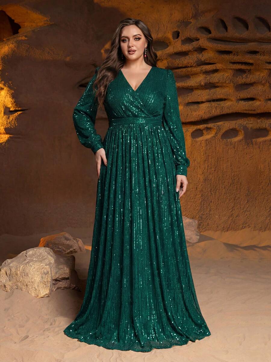 Faeriesty 大码女士优雅正式晚礼服，V 领交叉前襟设计 - 精致的及地长裙，配有长喇叭袖，非常适合盛大节日、新年庆祝活动、正式颁奖典礼、盛大晚宴和魅力四射的晚会。 - 墨綠色 - 查看 1