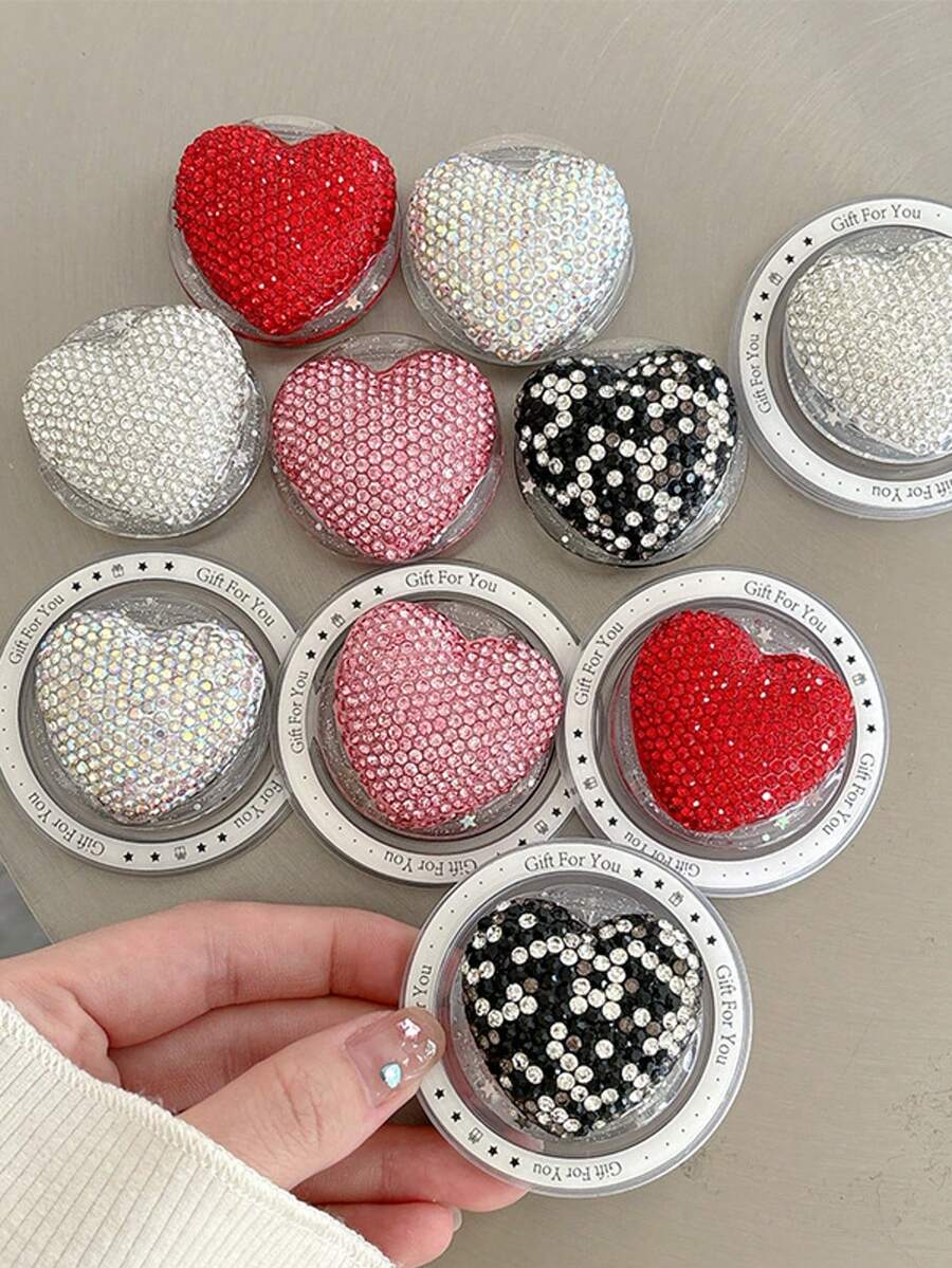 Adjustable Heart-Shaped Element 1pc Sparkling Diamond Heart-Shaped Phone Stand Adhesive Telescopic Desktop Phone Holder Phone Grip Holder Valentine's Day Gift For Family And Friends - Multicolor - View 1