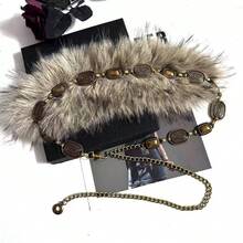 腰带饰有独特的毛绒装饰，复古美式风格拼接设计，皮革材质，Y2K风格腰链，纯色波西米亚风 - A - 查看 5