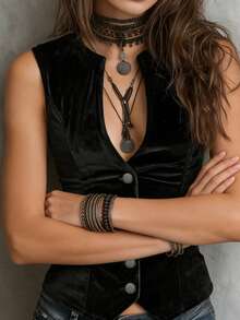 Women's Fashionable Elegant Casual Daily Urban Minimalist Commuter Black Single-Breasted Sleeveless V-Neck Vest, Court Style Design, Summer Sleeveless Open Front Vest, Ladies Beach/Office Vest - Black - View 5