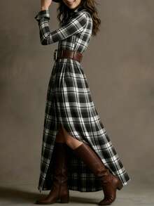 Đầm kẻ caro đen trắng, kiểu dáng thường ngày, đa năng, thích hợp cho kỳ nghỉ và mặc ở nhà, phù hợp cho trang phục hàng ngày, thanh lịch mùa xuân/hè. - Đen và trắng - Xem 5