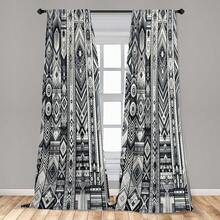 Southwestern Window Curtains Pack Of 2, Monochrome Look Geometric   Stripes Abstract Motifs, Lightweight Set With Rod Pocket, 4 Panels Of - 28\ X 84\, Dark Blue Grey And White - 深藍灰白 - 查看 5