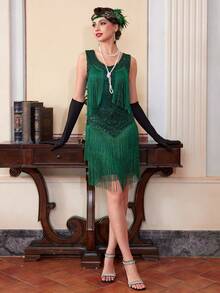 Vestido de fiesta con flecos y decoración de lentejuelas en escote en V, estilo Flapper de los años 20, con set de accesorios - Verde - Ver 2