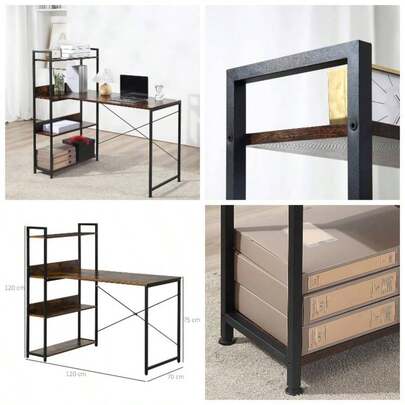 Retro Industrial Computer Desk Home Office Table With 4 - Tier Storage Shelf Metal Frame Computer Workstation Home Office, Brown