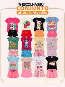 Kit Sortido 8 Peças de Roupas Infantil Bebê Menina (4 Camisetas + 4 Shorts) Kit 4 Conjuntos Bebê - Multicolorido - Visão 3