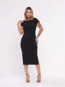 Vestido Feminino Canelado Midi Fenda lateral Casual e Elegante Manga Curta - Preto - Visão 7