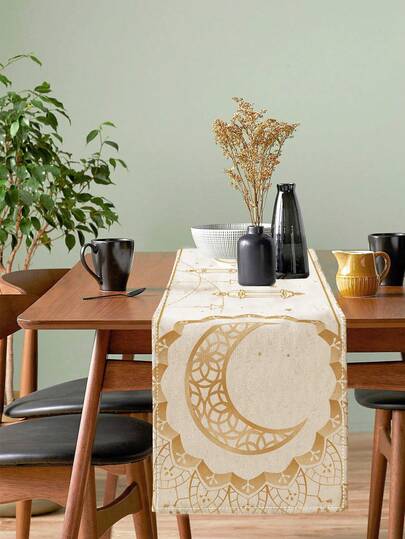 1 pieza Camino de mesa estilo vintage elegante con patrón intrincado de luna creciente dorada y beige para el festival de Ramadán, lavable, para uso en interiores y exteriores, decoración de mesa, cena y fiesta en el hogar