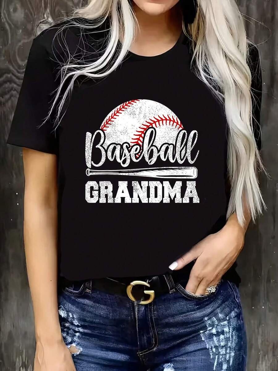 Baseball Grandma Baseball Player Game Day Mother's Day 1 Pcs 220g Women's Plus Size T-Shirt Funny Oversized Graphic Short Sleeve Tee Novelty Shirt  100% Polyester  Casual Crew Neck Top - 黑色 - 查看 1