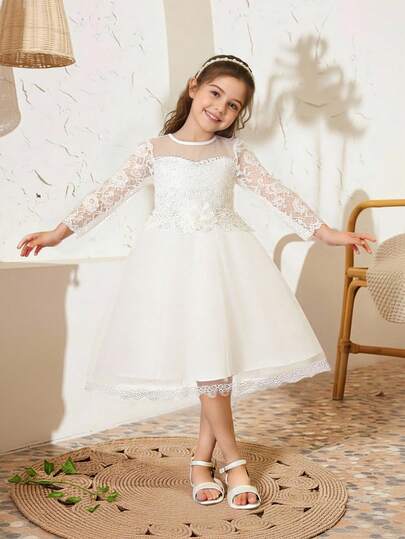 蕾丝长袖仿珍珠网纱优雅钢琴演奏礼服，适合年轻女孩，也适合生日派对、花童等场合，不含头饰