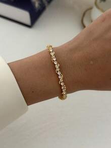 14K Gold Plated Rhinestone Embellished Minimalist Luxurious Bracelet & Bangle Set - Gold - View 17