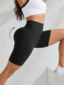 Quần short nữ cỡ lớn co giãn, quần short thể thao cạp cao thoải mái có túi bên hông, thích hợp cho tập gym, đạp xe, chạy bộ, quần short yoga màu đen cho nữ, mùa xuân/hè. - màu đen - Xem 6