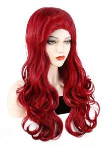 时尚女士耐热合成长款蓬松波浪红色动漫角色扮演假发，带卷曲刘海，适合节日派对美人鱼装扮、动漫展、电影展览、节日装饰、COS摄影道具、学校舞台表演配饰，适合初学者，外观自然。 - 彩色 - 查看 5