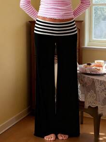 Fold Over Yoga Pants For Women Y2K Striped Low Rise Wide Leg Leggings Sweatpants Cozy Stretchy Foldover Lounge Pants Going Out Clothes - 黑色 - 查看 4