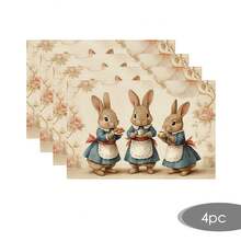 2/4/6/8pcs Rectangular Vintage Easter Happy Placemats, Vintage Easter Dining Table Decor With 3pcs Brown Rabbit Apron Floral Pattern, Seasonal Holiday Placemats For Kitchen Dining Room
