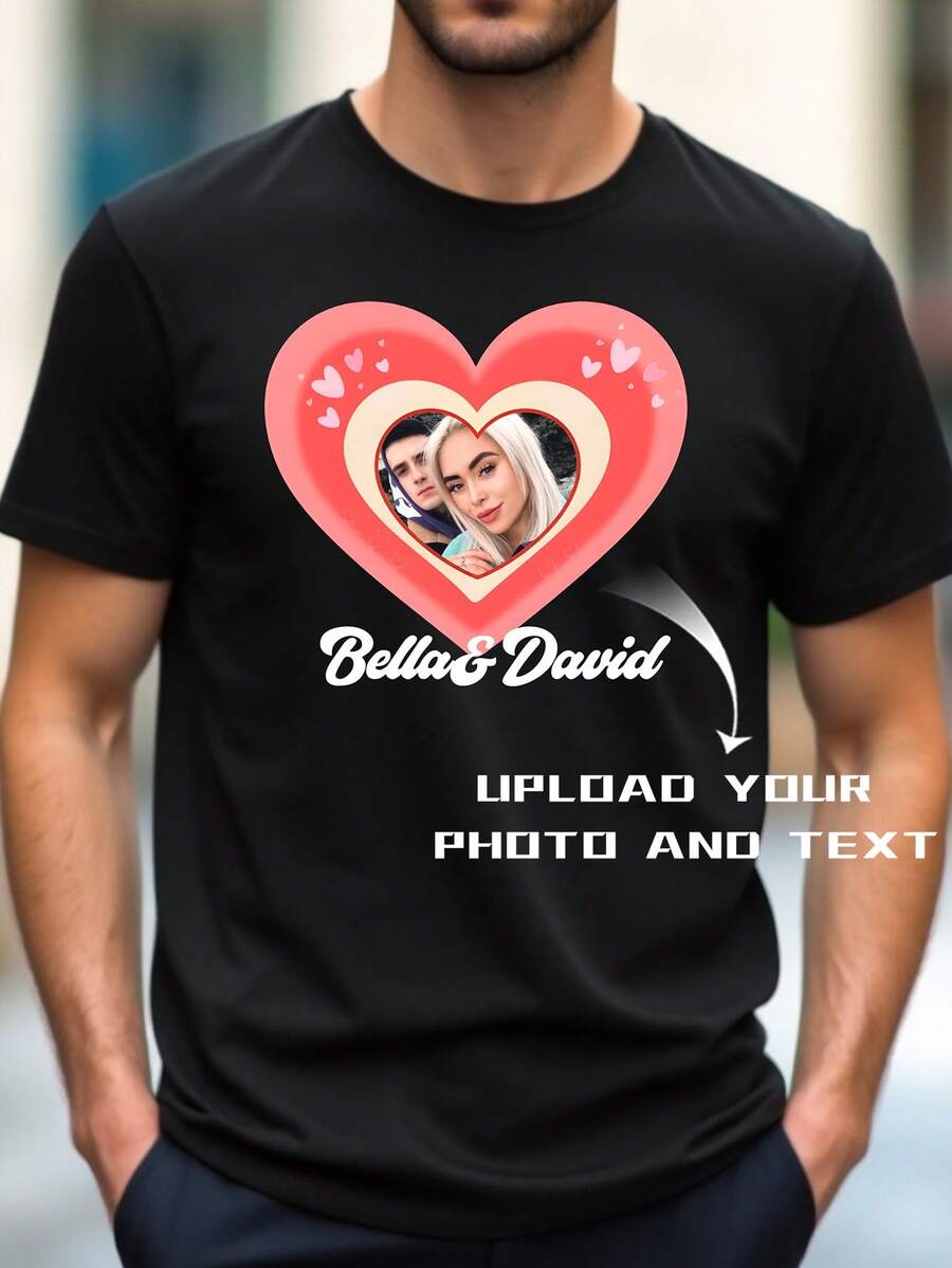 Customized Men's Casual Loose Crew Neck T-Shirt - Add Your Own Image (Landscape Photo/Family Photo/Selfie/Pet Photo/Friend Photo/Couples Photo/Girlfriend Photo/Gift/Couple Logo/Customizable Husband Or Boyfriend T-Shirt) And Your Text To Design Your Personalized Printed T-Shirt. - Black - View 1