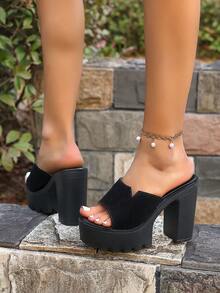 Thick Sole Super High Heel Beach Slippers, Fashionable Casual Waterproof Platform Women's Summer Beach & Nightclub Sandals - Black - View 5