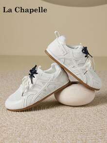 1 Pair La Chapelle Women's Thick Sole Lace-Up Soft Bottom Casual Shoes, Low-Top Outdoor Flat Shoes For Summer, Round Toe Low Heel Non-Slip Solid Color Elegant Soft Bottom Hiking Suitable For Students Graduation Photos Flat Shoes, Women Low-Top Leather Sneakers - Beige - View 5