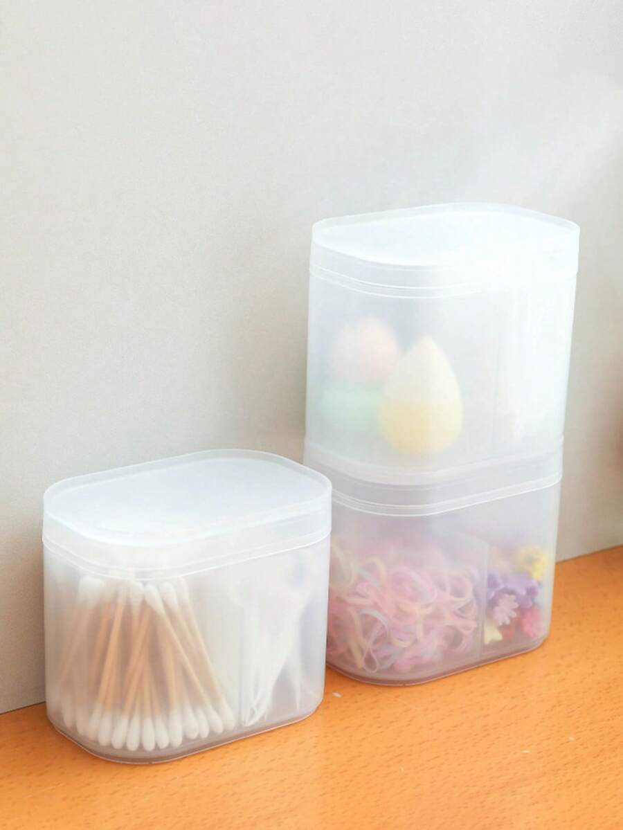 双隔层饰品收纳盒，防尘美发饰品分类盒，带盖双隔层圆形清洁棉签收纳盒，翻盖透明磨砂橡皮筋发夹收纳盒，半透明磨砂塑料浴室收纳盒，防水防潮，桌面小物件收纳盒，化妆间装饰，房间装饰