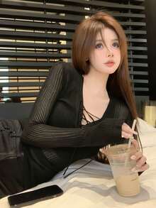 Sexy V-Neck Sheer Knit Long Sleeve Base Layer Top For Women, Tight Fit, Spring/Summer - Black - View 7