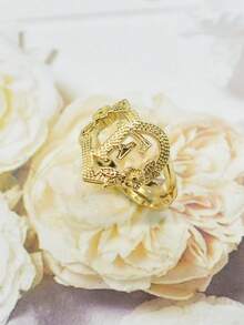 1pc Fashionable Elegant Rose Flower 26 Letters Adjustable Rings, Jewelry Gift - Yellow Gold - View 14