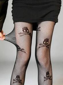 1pc Women's Dark Gothic Black Skeleton Print Leggings, Personalized Hollow Out Stockings Sexy Punk Street Fishnet Tights, Lolita Cool Goth Grunge Y2K Black Pantyhose - Black - View 8