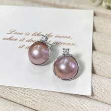 Da'ra 13-14mm Pink Seawater Mabe Pearl 925 Sterling Silver Earrings, Bordered With Sparkling Diamonds, Rounded Pearl Body Fits Comfortably Against Ear, Every Glance Is Heartwarming. Order Includes Custom Gift Box, Turning The Warmth Of The Deep Sea Into A Personalized Earscape. - Baby Pink - View 5