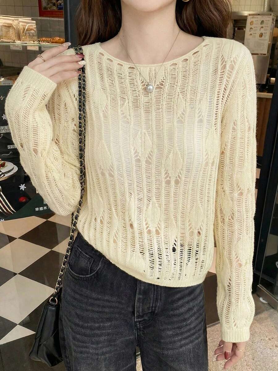 可爱镂空休闲长袖圆领毛衣，韩版风格，春夏款