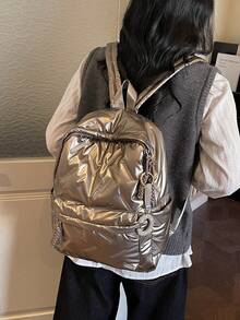 Sac à dos étudiant couleur or, nouveau style classique mode collège, design à motif losange couleur unie, extérieur décoré avec pendentif en forme de C en cristal, grande capacité multi-poches. Convient pour les voyages et les vacances, idéal pour une utilisation sur le campus pendant les périodes scolaires, également adapté pour les courts trajets. - Doré - Voir 6