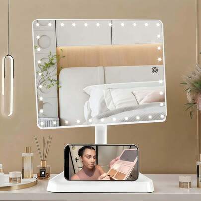 MOREBEAUTY Large Makeup Stand Mirror with Lights, 360-degree Rotating Touch Screen, Type C Rechargeable Lighted Makeup Stand Mirror, ABS Durable Base, 16 LED Lights on the Makeup Mirror, Three Lighting Colors, Glow-in-the-Dark Makeup Mirror with Phone Stand, Portable Desktop Makeup Mirror / Mirror / Vanity Mirror with Lights / Vanity Mirror / Large Mirror / Make Up Mirror / Vanity with Mirror and Lights / Mirror with Lights / Vanity Mirror with Lights, The Best Valentine's Day Gift Choice!