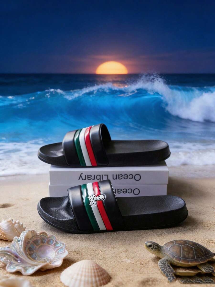 青少年、校园学生户外休闲拖鞋、室内家居拖鞋、户外沙滩拖鞋、人字拖、套脚凉鞋，柔软舒适（骷髅图案）